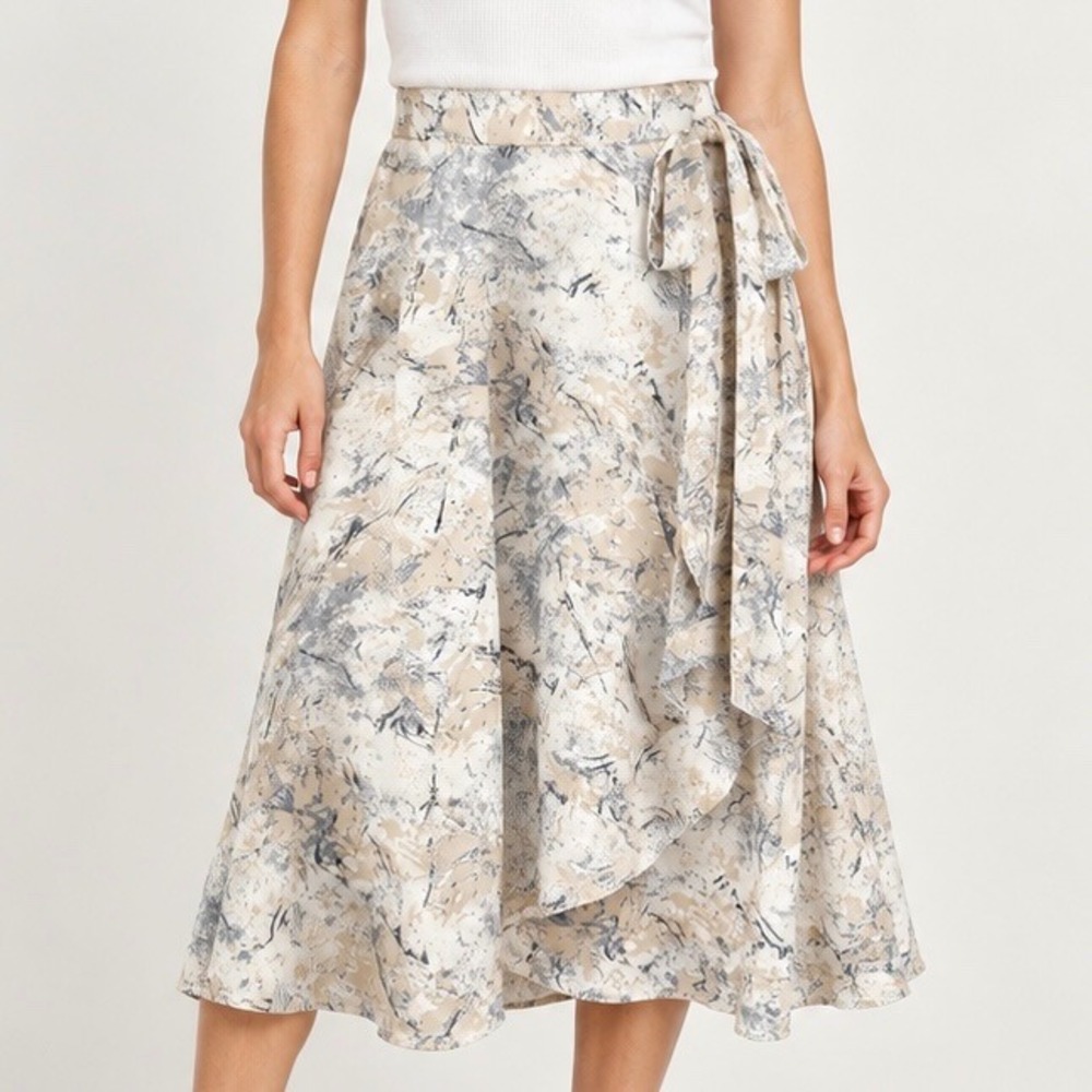 Le Lis Collection Abstract Marble Print Faux Wrap Midi Skirt Tan Blue Medium